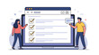 © Daniel - Man and woman interacting with a giant laptop screen displaying a web browser with a checklist and checkmarks.