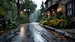 © sana - Wet cobblestone street alongside a brick building on a foggy day.