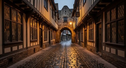  Historic European alleyway with old buildings.
