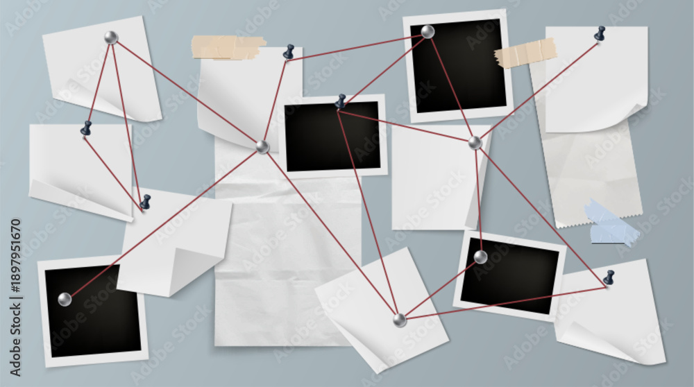 Detective investigation board with crime evidence, wjite papers or post it notes, photo frames, pins and red string connecting clues on blue background. 3d realistic vector illustration of police wall