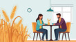 © Gerta - Two people sit at a table next to wheat stalks, in a room with a window and clock