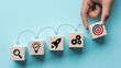 © AI STOCK ZONE - Stylish photo of Hand places target goal block in a business development process with strategy icons on a blue background