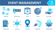 © Novary - EVENT MANAGEMENT icon collection set. Containing planning, registration, venue, target, budgeting, scheduling, logistics, location, marketing, coordination . dual tone vector.