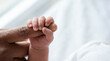 © Таня Андреева - Newborn baby hand tightly grasping index finger of Black mother against white blurred background