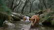 © liliyabatyrova - In a tranquil forest, Iberian pigs enjoy their natural habitat, splashing through a clear stream as they search for acorns and roots. The scene captures their peaceful exploration among the trees