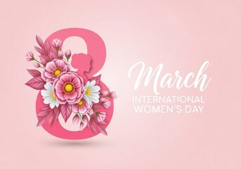  International womens day celebration with pink flowers and number eight on pink background