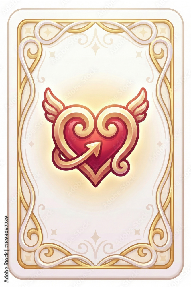 Valentine Ornamental Fantasy Card Back Design with Heart Gem, Gold Filigree | TCG Game Asset