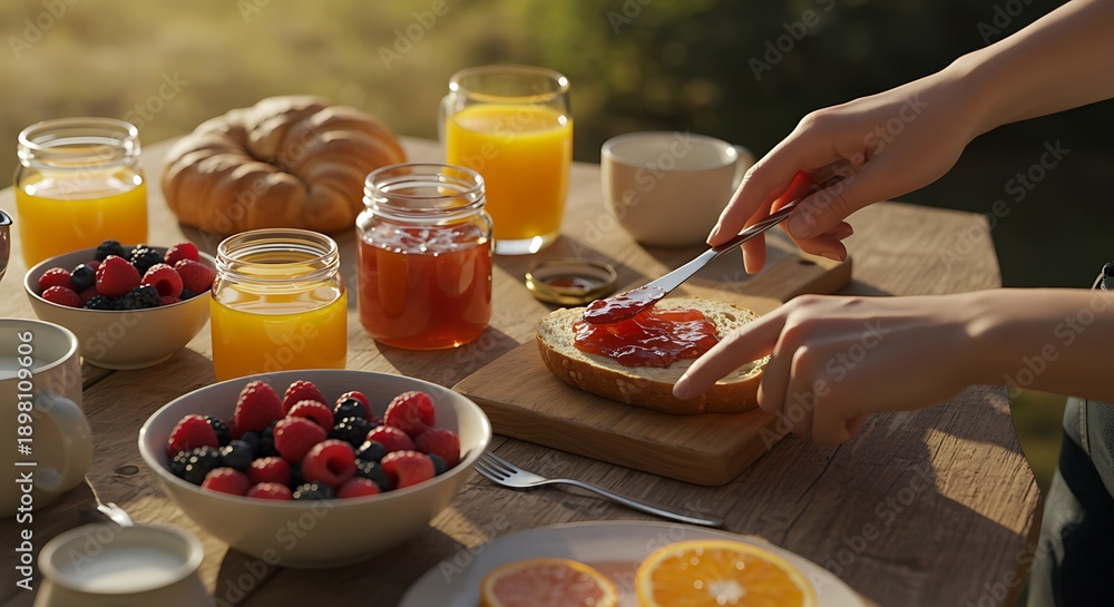 person spreading jam on toast at outdoor breakfast table with fruits ...