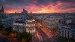 © PhotoVerse - Madrid city skyline at sunset with Gran Via street and historic buildings