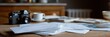 © fotogurme - Stack of white envelopes on wooden table, vintage film camera and coffee cup in cozy home office, postal planning and letter writing mood, Christmas card prep