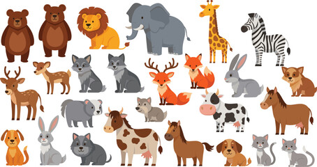  Cute Animal Cartoon Vector Set with Wild Farm and Forest Animals for Children Illustration