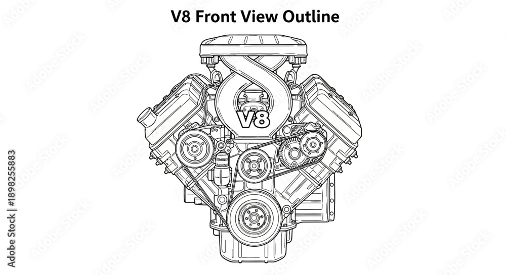 Detailed outline drawing of a V8 engine from the front view, showcasing ...