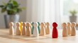 © Generative AI - Wooden Figurines Depicting Individuality, Leadership, and Team Dynamics on a Tabletop Surface, Symbolizing Strategy and Success