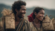 © AI.noevation - Smiling couple participating in Meci related village harvest events in Timor Leste, carrying wicker baskets filled with dry grass.