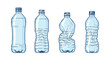 © OtherGRX18 - Sequence of four blue plastic water bottles showing different stages of use from completely full to crushed for environmental recycling.