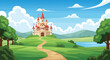 © OtherGRX18 - Enchanting fairytale castle sitting on top of a lush green hill with a winding dirt path leading directly to its ancient wooden gate.