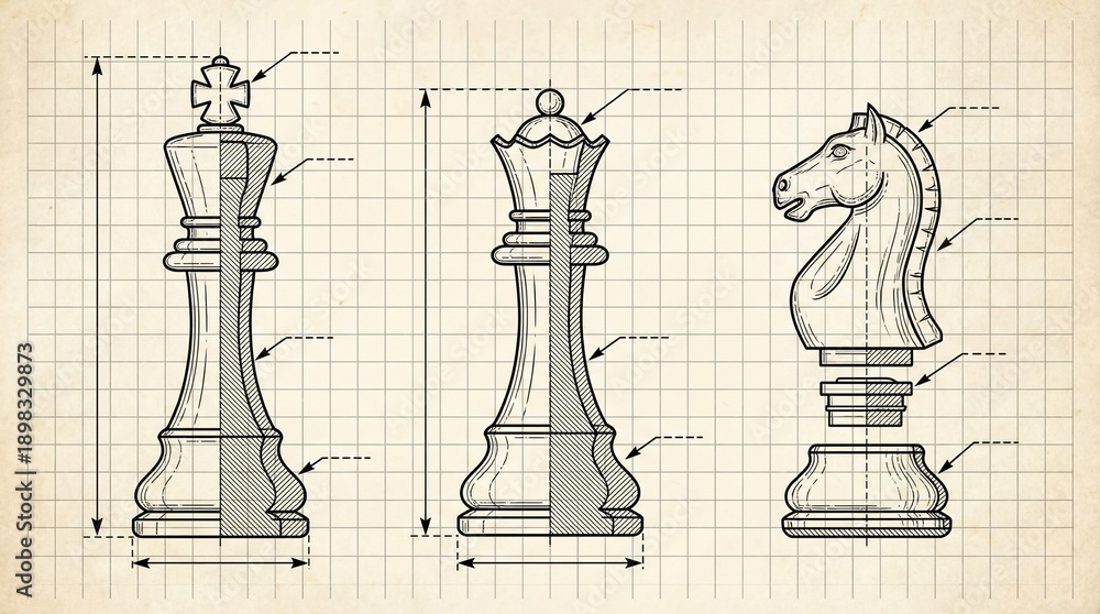 Detailed technical drawings of chess pieces on graph paper Stock Photo ...