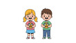 © Nomsa - Two happy young children holding glass jars of golden honey with wooden dippers inside on a clean white background.