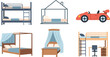 © MDMUKTADIR - Bedroom furniture variety featuring bunk bed canopy frame car shaped toddler bed and loft workspace for children room set