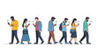 © Elwood - Line of diverse people walking in the same direction while focused on their smartphones with digital wireless signals above.