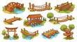© Syed - Nine cartoon wooden bridges and structures, varied designs including rope, truss, plank, log, curved, arched, playful educational showcase.