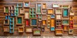 © InspireStock Gallery - A diverse array of wooden picture frames adorns a rustic wall, creating a captivating and textured visual composition.