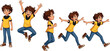 © Hafiza - Boy character design set with curly hair wearing yellow shirt and blue jeans in standing jumping and running action poses