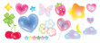 © TWINS DESIGN STUDIO - Valentine cute icon vector set with glossy hearts, clover, cherry, strawberry, star, moon and pastel candy elements on white background. Kawaii design for stickers, prints and cards.