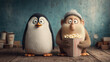 © Chinnasorn - Cute penguin cartoon monkey big head popcorn cinema movie night cozy hat striped box blue wall wooden floor. Cute penguin and cartoon monkey with big head cinema eating popcorn, cozy mood