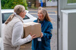 © Iryna - Delivery person hands a package to a smiling customer at the front door on a sunny day