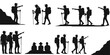© Md - Set of black silhouettes of hikers and trekkers walking and pointing toward mountains isolated on white background for adventure travel design