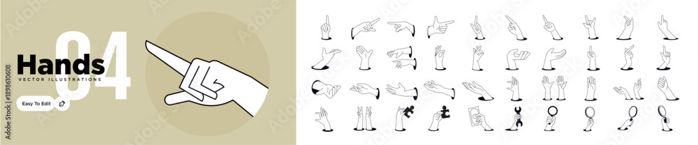Hands illustrations. Vector concepts of hands showing different gestures. Creative illustrations for graphic and web design, marketing, business presentation, social media.