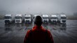 © olga_demina - Worker Overseeing Truck Fleet At Dawn Under Heavy Fog, HighVisibility Jacket Silhouette Facing Lined Semis On Wet Yard, Moody Atmosphere With Reflective Lights, Focused Inspection