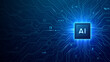 © AntonKhrupinArt - AI chip icon centered on semiconductor circuit board with glowing elements and wires. Microchip positioned right, leaving space for text on blue tech background. Digital blue technology background.