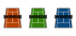 © Khrystyna Turchyn - Set of three isolated tennis court vector illustrations in clay, grass, and hard court colors