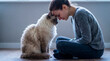 © rmdesigner81 - Young woman touching foreheads with fluffy cat on floor. Emotional bonding, pet therapy, comfort, love, and human-animal connection concept.
