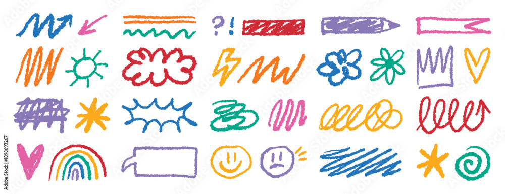 Crayon doodle colorful charcoal hand drawn set. Pencil drawings ...