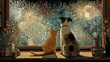 © Irina Ukrainets - A dog and a cat observe colorful fireworks from a window. The scene captures the joy of companionship as they enjoy the beautiful display together. Perfect for pet lovers. AI