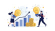 © Mahin - Creative man and woman carrying giant lightbulbs over a rising bar chart representing innovative business growth and ideas.