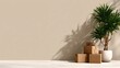 © svastix - A beautiful minimalistic still life featuring stacked boxes and a lush green plant against a neutral wall, embodying tranquility and organized simplicity.