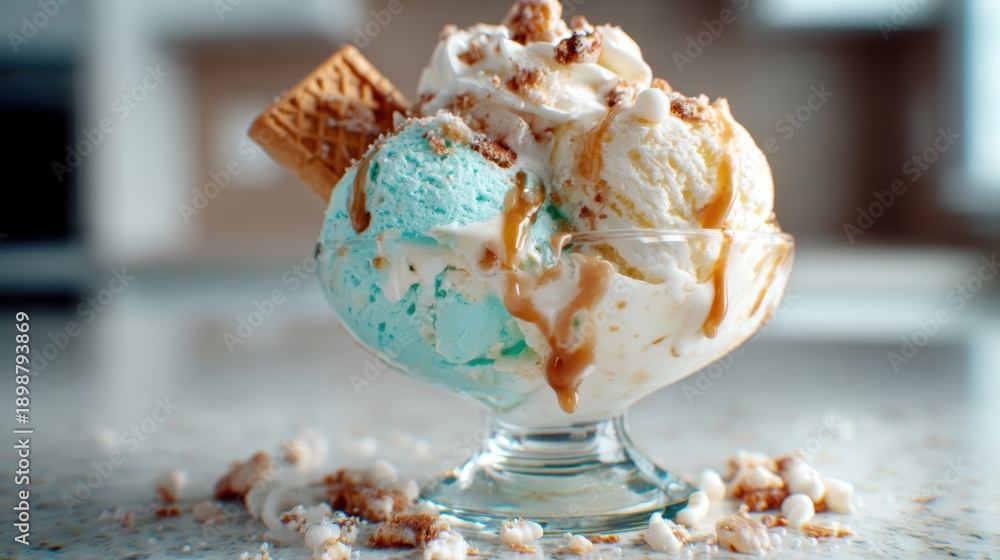 This mouthwatering image displays a decadent ice cream sundae with ...