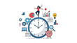 © Shuvo - Woman standing balanced on top of a giant clock surrounded by business icons to illustrate time management and professional productivity.