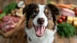 © svastix - A joyful, half-blue-eyed dog grins widely amongst fresh food ingredients, exuding happiness and playfulness, representing companionship and love for pets in a delightful setting.
