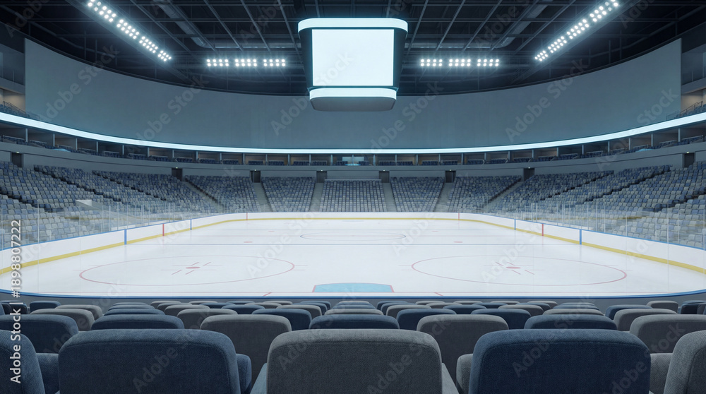 Rink boards with smooth ice surface in empty hockey stadium featuring ...