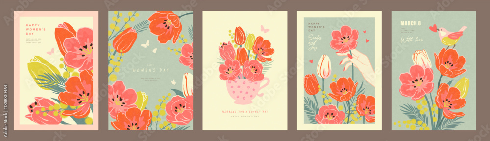 Set of Women's Day greeting card designs with hand drawn spring flowers ...