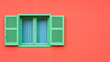 © ANMZAKARIA - Bright coral stucco wall texture background with copy space | Mint green window frame and open shutters against vibrant orange plaster | Minimalist architectural detail showing high color contrast des