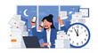 © meeblues - Overloaded office worker multitasking with phone, laptop, documents, and clock, illustrating deadline pressure, digital overload, and corporate burnout in flat vector style