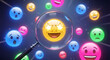 © Tanny - Close up of magnifying glass revealing happy star eyed emoji among various glowing colorful emoticons scattered across dark background with light streaks and radiant visual effects