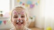 © NN AI - Laughing young girl with rabbit face paint. Happy child with bunny makeup for Easter celebration. Close up portrait of smiling kid at party
