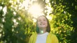 © Victoriia - Happy little girl smiling, sun forest. Family in nature. Child dreams in nature. Girl smile in garden, child face in close-up. Happy portrait teenager in sun. Beautiful face. Freedom childhood, life